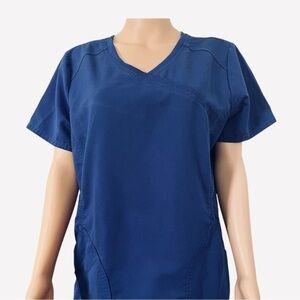 SCRUBS medical scrub top deep blue V-neck shot sleeves double pockets Women M